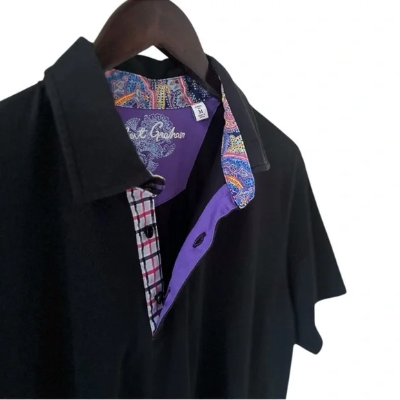 Robert Graham Black with Paisley and Plaid Accents Short Sleeve Polo Shirt - Picture 5 of 8